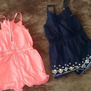 Isaac Mizrahi-Two Toddler Girl's Tassel Rompers-Coral & Navy Blue